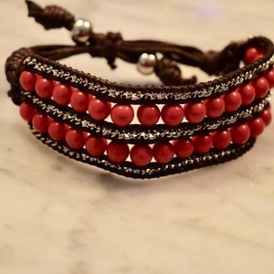 Orange-Red Beaded Brown Leather Cord Bracelet